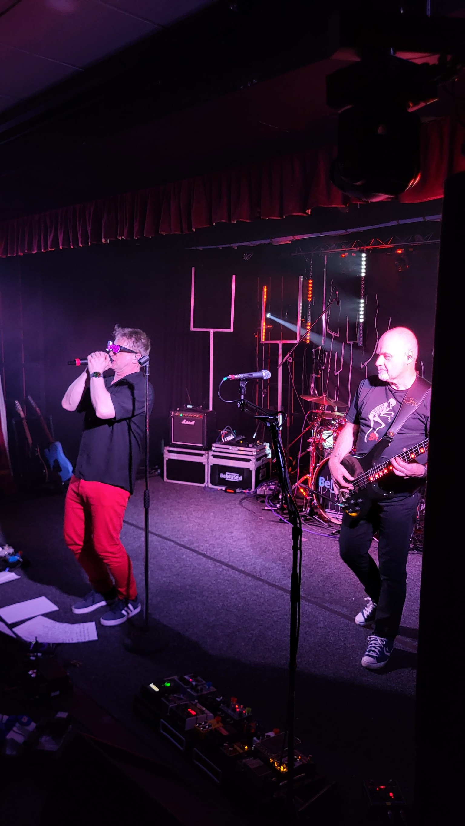 BEMUSED vocalist and bassist performing with dramatic purple lighting