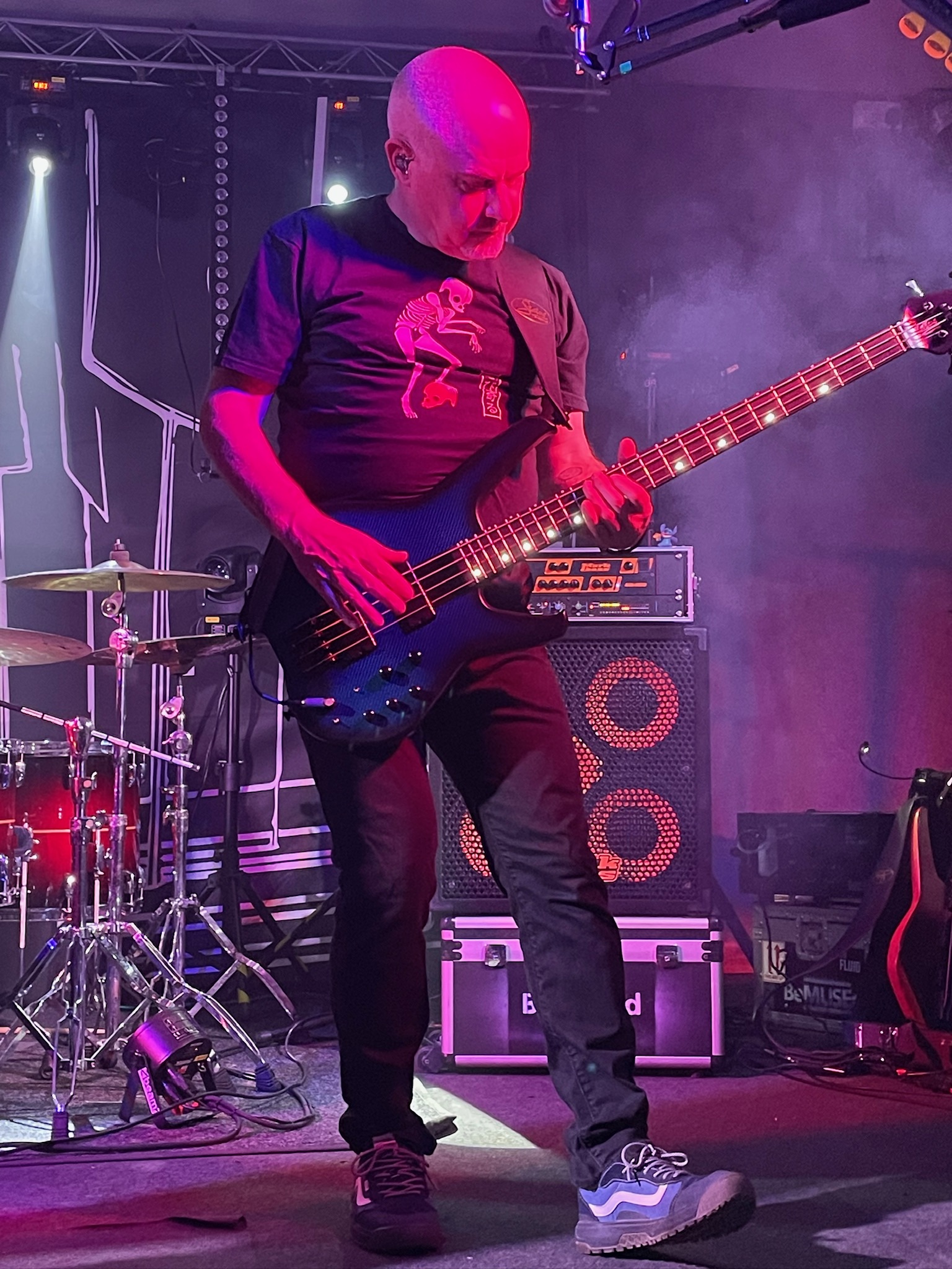 Bassist close-up with dramatic pink and purple stage lighting